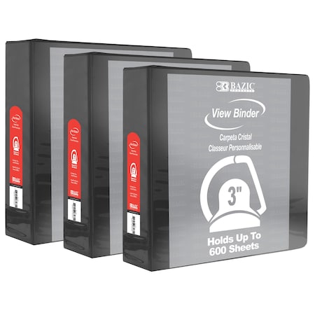 Bazic Products Slant D-Ring View Binder with 2 Pockets, 3in, Black, PK3 3174